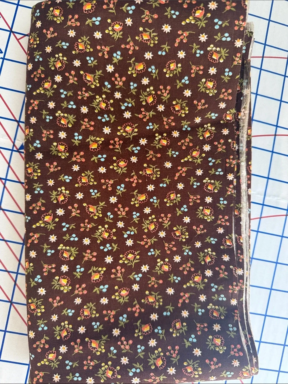 Vintage 1970s Brown Calico Floral Cotton Fabric 3 Yards x 42” Tiny Folk Print